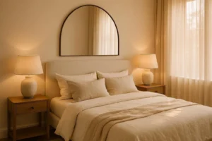 over the bed wall decor ideas with arched mirror above linen headboard