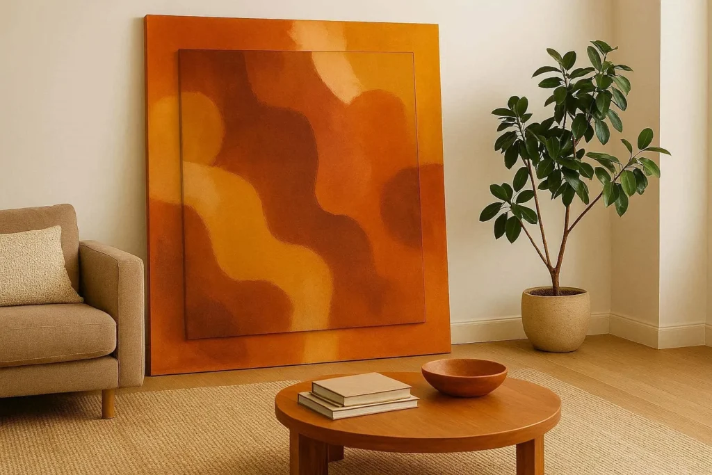 Oversized abstract canvas art leaning against a white wall in a contemporary living room