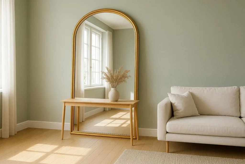 Oversized arched mirror as large wall decor in a bright Scandinavian style living room