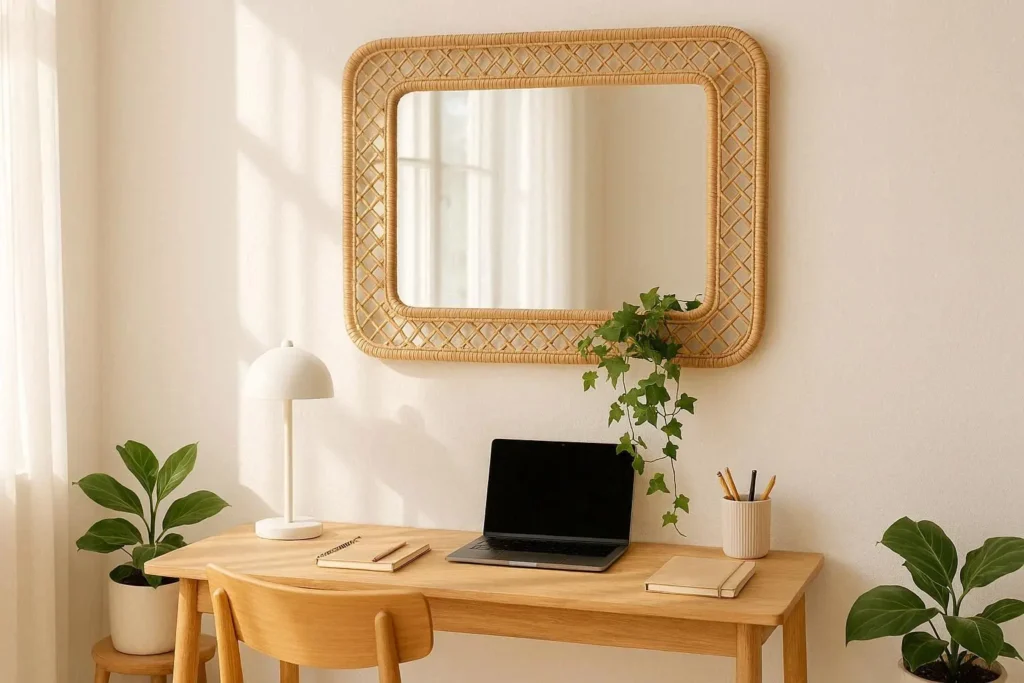 A large round rattan mirror hangs above a simple wooden desk, bringing a natural touch with a trailing ivy plant.