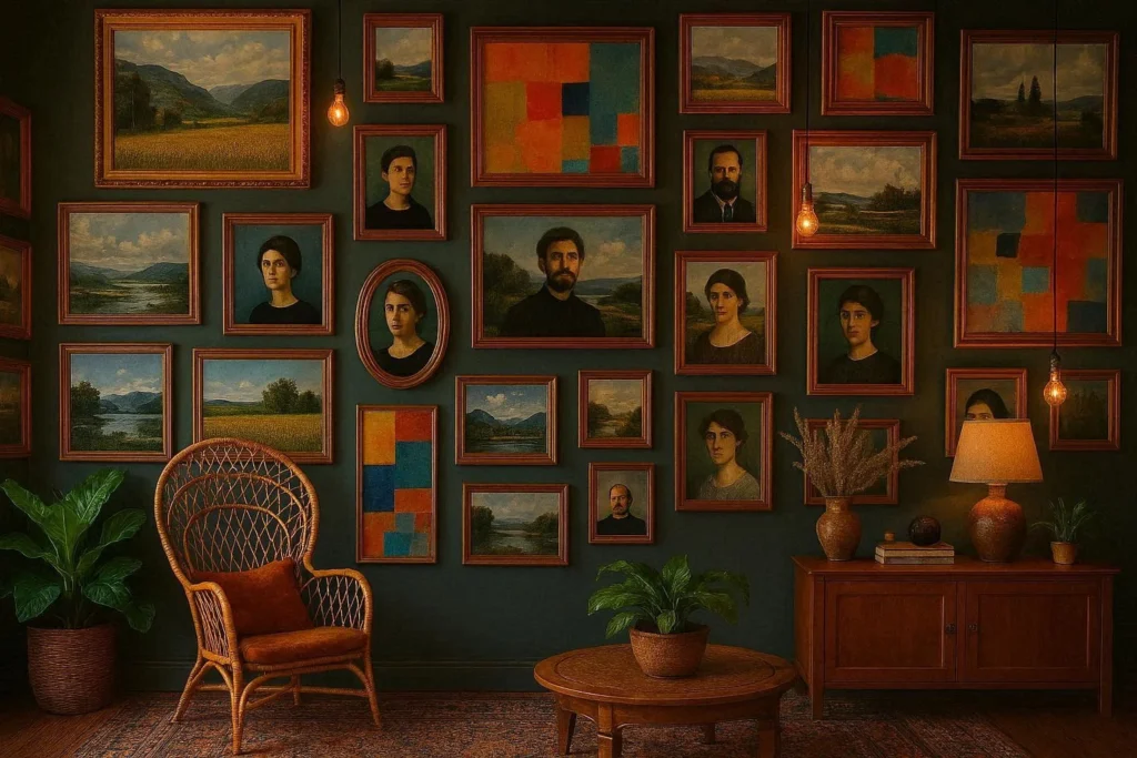 Salon style gallery wall with mismatched gold and wooden frames covering a full accent wall