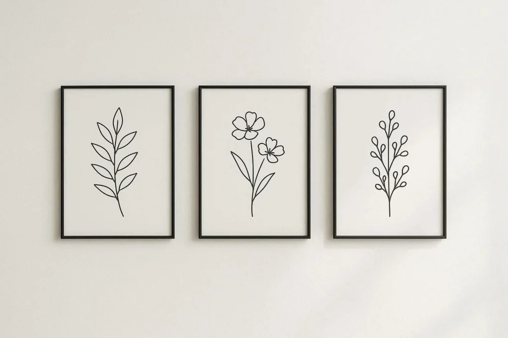 Simple minimalist wall art with three matching black framed botanical line drawings
