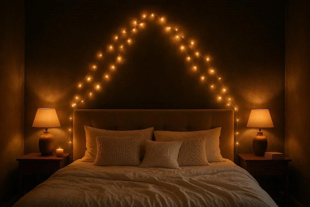 string lights above bed creating warm wall decor over the bed