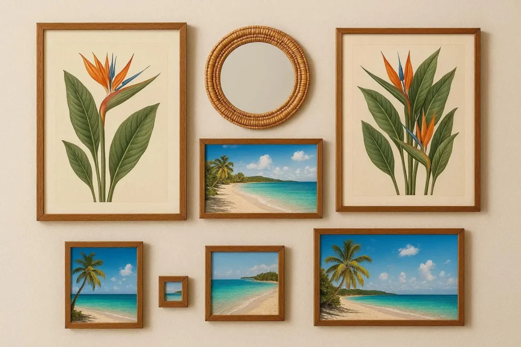 A curated tropical gallery wall displaying botanical illustrations, a rattan mirror, and beach landscape photos.