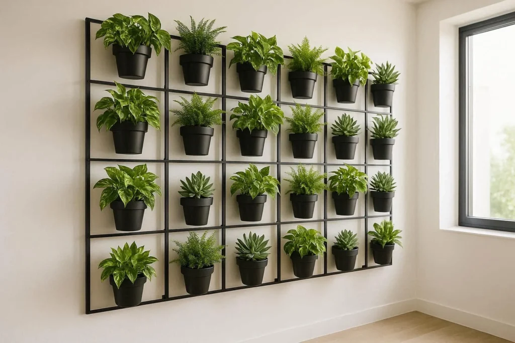 Vertical garden wall decor idea with pothos ferns and succulents on a dark metal frame indoors
