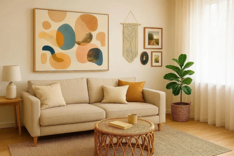 Creative wall art ideas for living room with canvas print and gallery wall