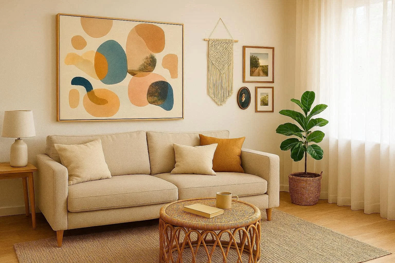 Creative wall art ideas for living room with canvas print and gallery wall