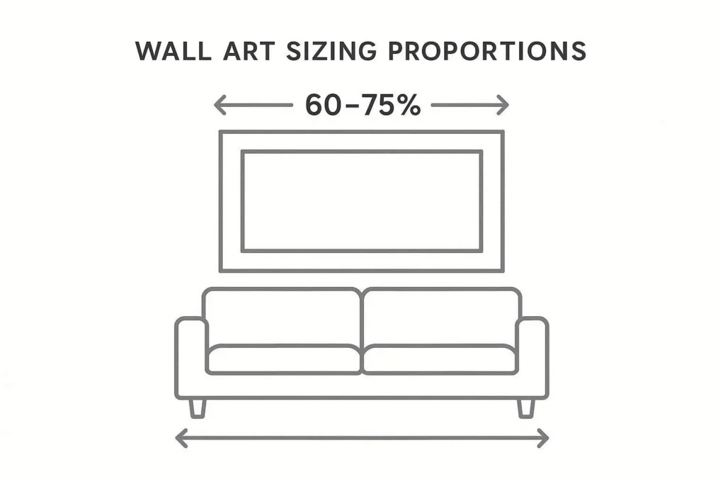 Wall art sizing guide showing the correct proportion of artwork width above a sofa for modern interiors