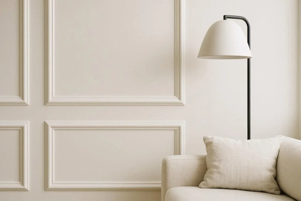 White picture frame wall molding panels in a bright living room adding architectural depth and texture