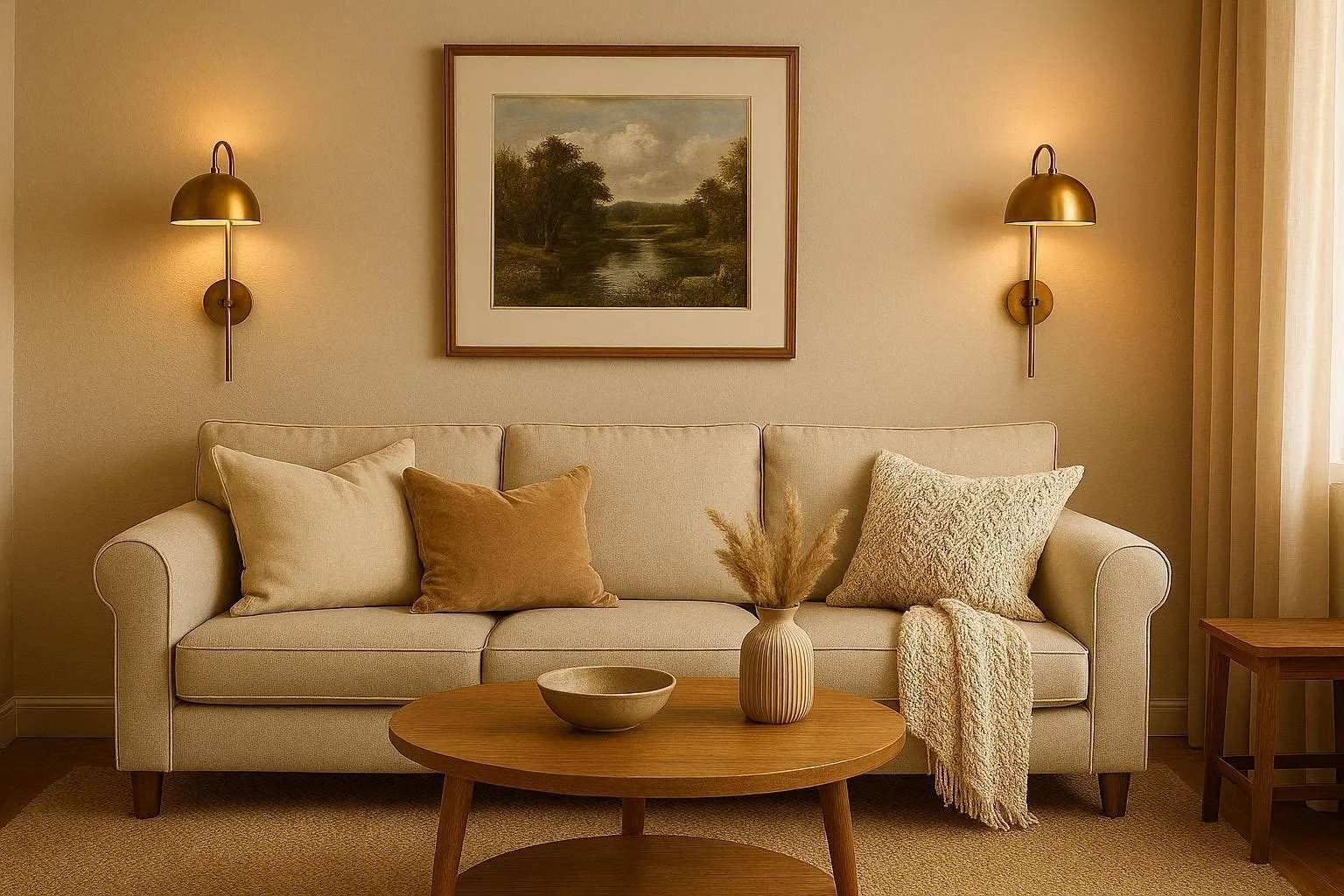 Stylish wall sconce decorating ideas in a warm living room with brass sconces and neutral decor