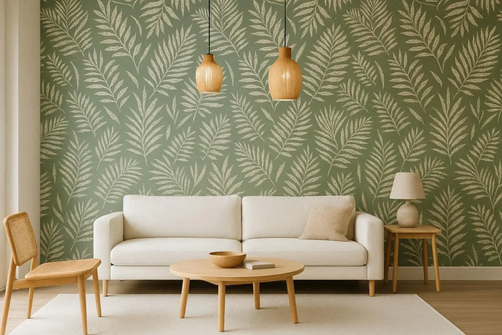Botanical wallpaper accent wall in a modern living room with white furniture