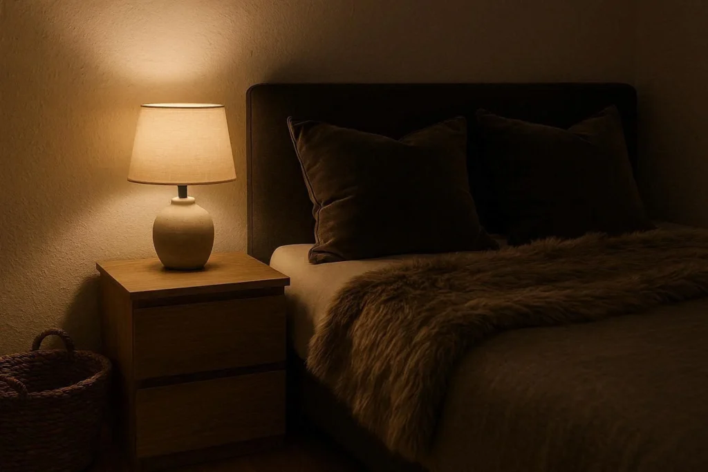 Cozy bedroom corner with warm lamp, velvet cushions, and mixed textures in black and white