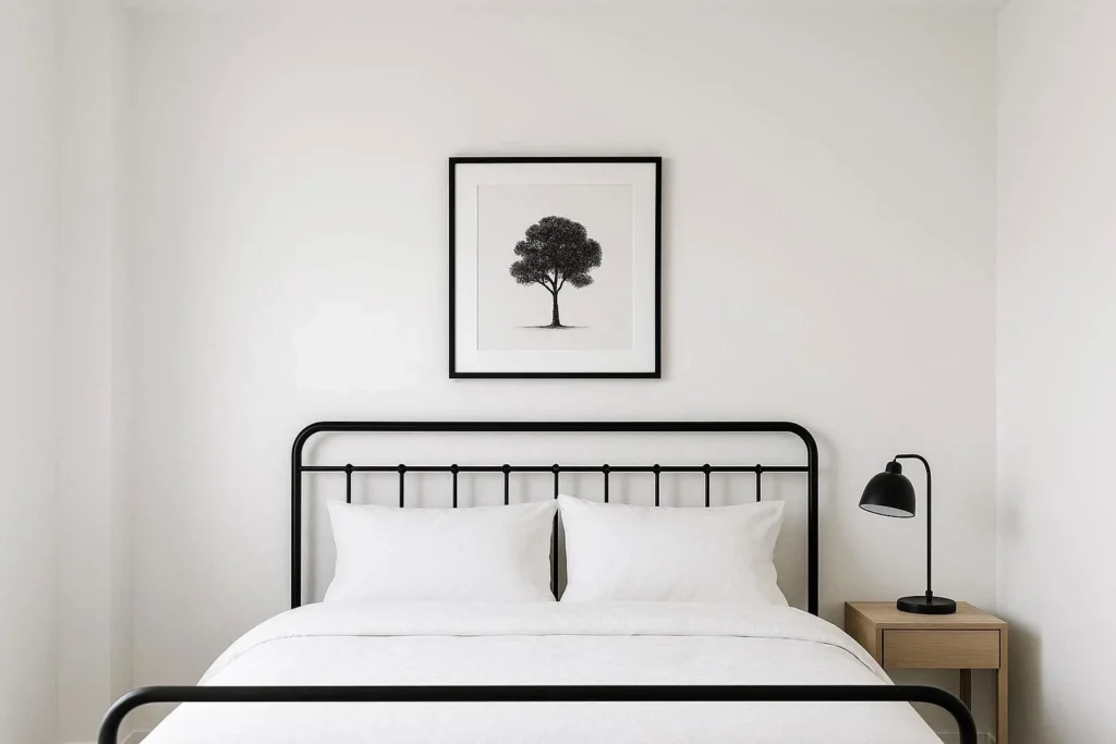 Minimalist bedroom with white walls and black accent furniture following a 70-30 color ratio