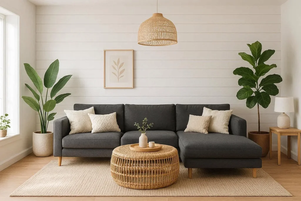 Wood panel accent wall in living room with white shiplap and Scandinavian decor