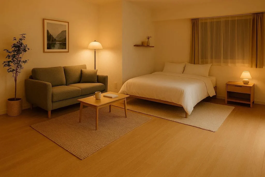 Two area rugs used to define separate living and sleeping zones in a studio flat