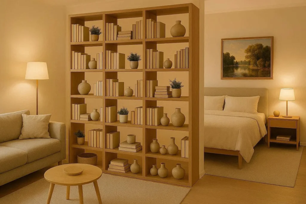 Open bookshelf used as a room divider between sleeping and living areas in a studio flat
