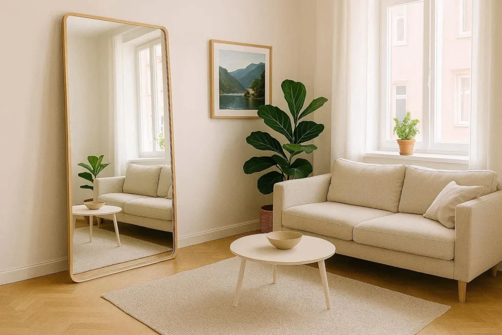 Large full-length mirror near a window making a studio flat feel bigger and brighter