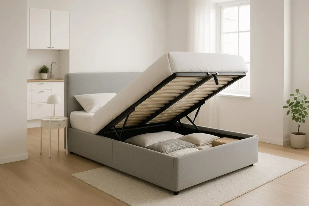 Ottoman storage bed with open lift-up base showing storage space inside a studio flat