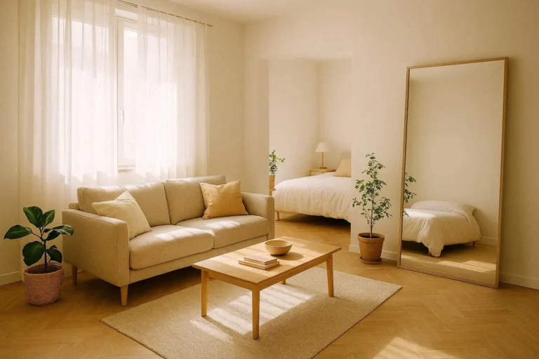 Bright and stylish studio flat decorated with neutral tones, mirrors, and natural light