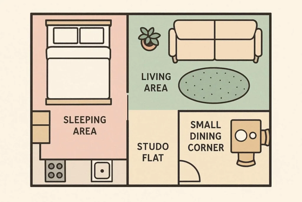 Studio flat floor plan showing defined sleeping, living, and dining zones