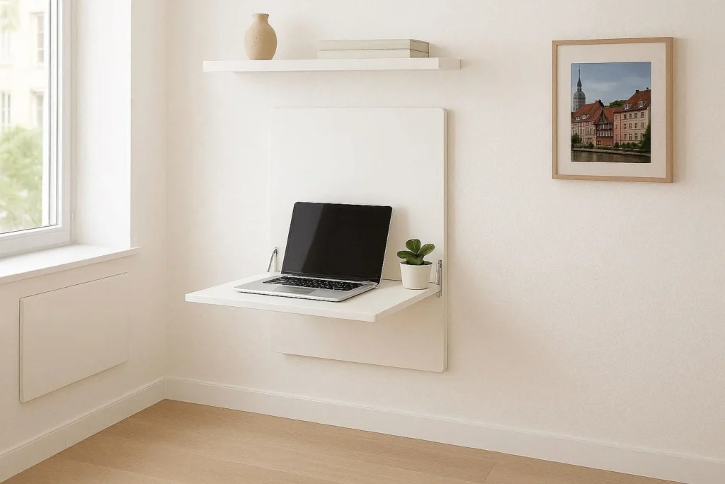 Wall-mounted fold-down desk next to a window in a compact studio apartment