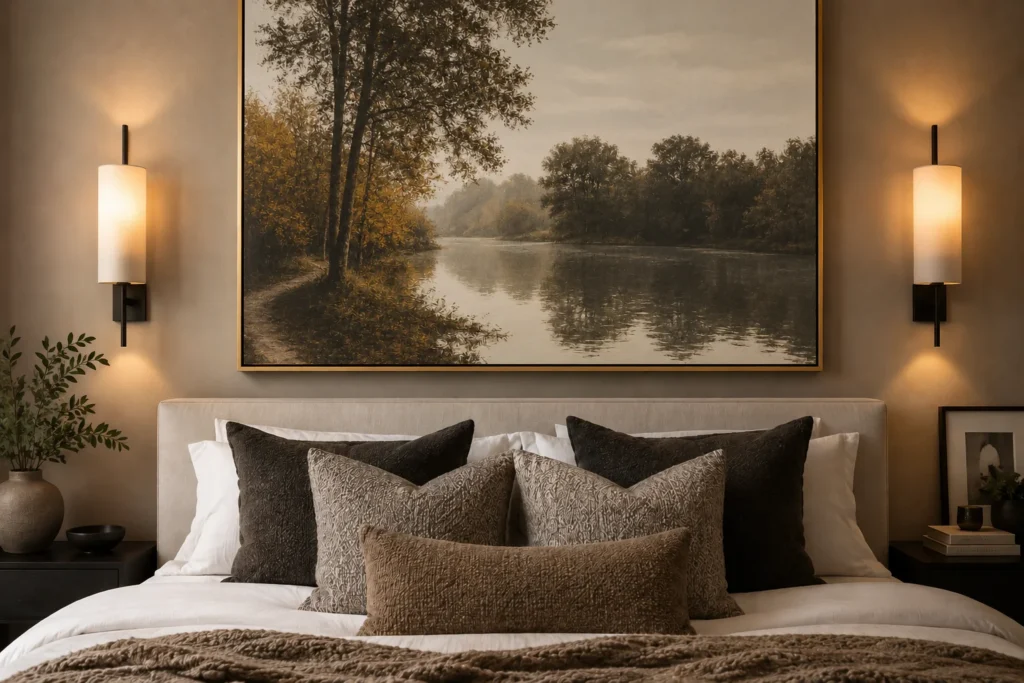 Oversized artwork and wall sconces decorating the space above a master bed
