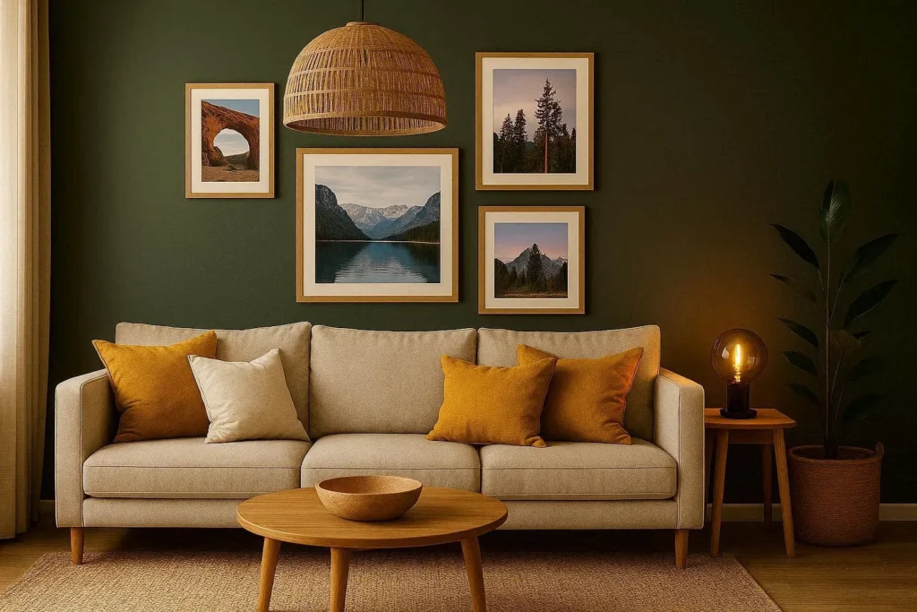 Deep sage green accent wall in a flat living room with rattan lighting and gallery wall art