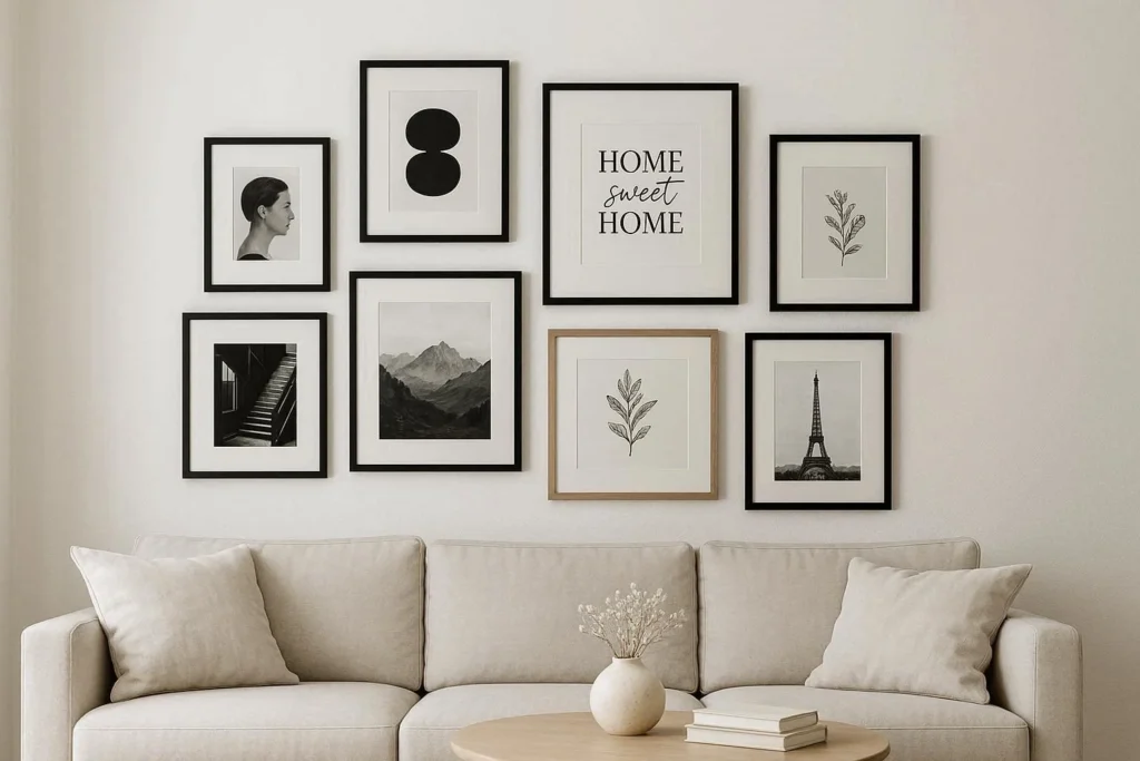 Affordable gallery wall ideas using mixed frames and prints