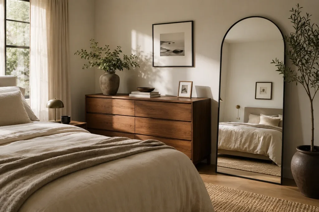 Arched floor mirror leaning beside a wooden dresser in a neutral bedroom