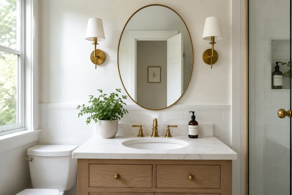 Oval bathroom mirror above vanity with brass sconces on either side