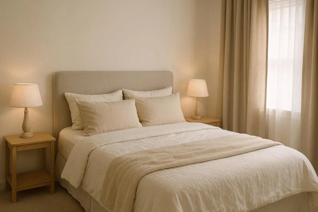 Bedroom decorating ideas on a budget with layered bedding and warm lighting