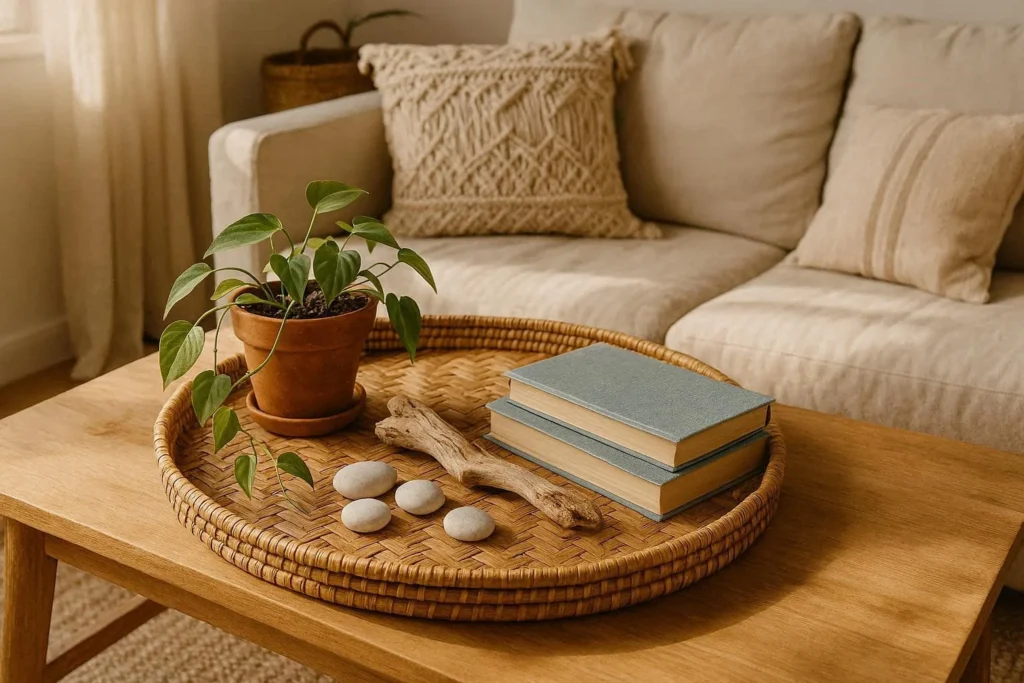 Boho coastal coffee table with rattan tray, driftwood, potted plant and smooth stones