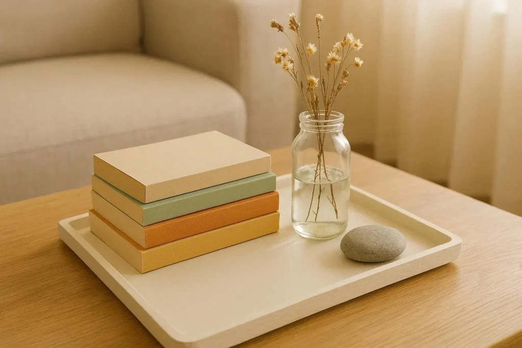 Budget-friendly coffee table decor using books, a glass jar with dried flowers and a painted wooden tray