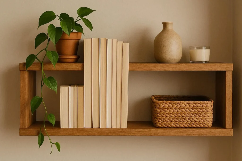 Budget shelf decor ideas with plants, books, and ceramics