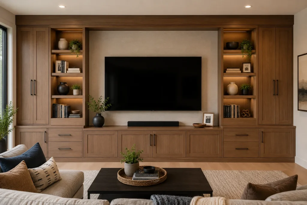 Built in entertainment wall unit with cabinets around a mounted TV