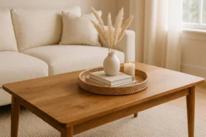 Styled coffee table with rattan tray, stacked books, ceramic vase and candle in a bright living room