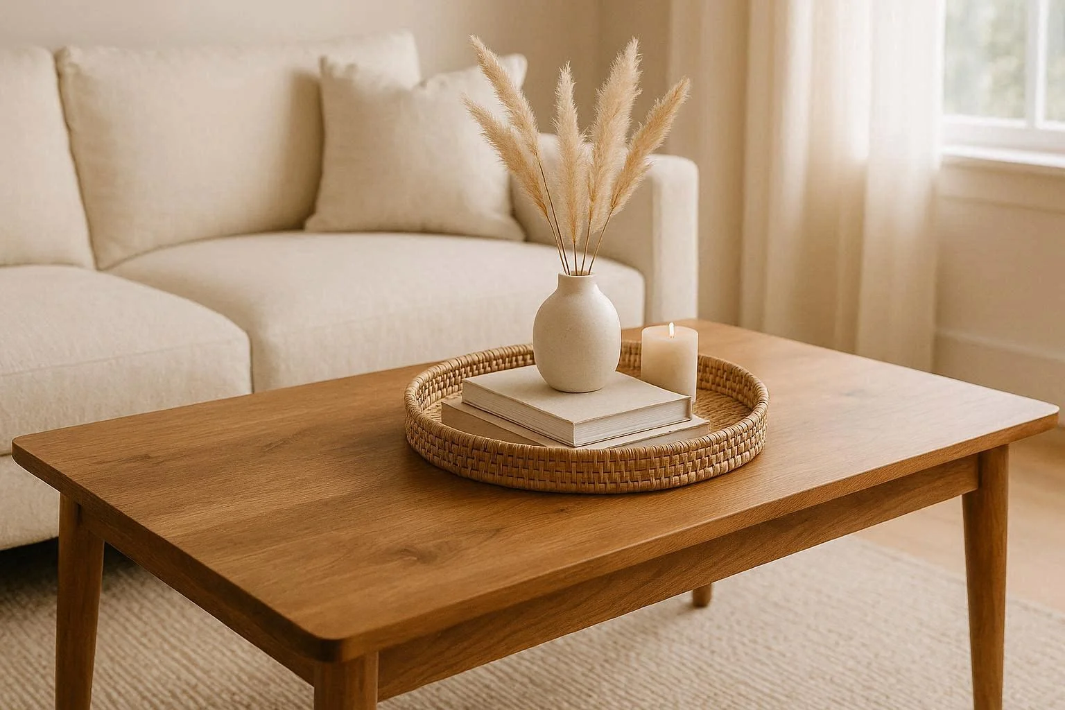 Styled coffee table with rattan tray, stacked books, ceramic vase and candle in a bright living room