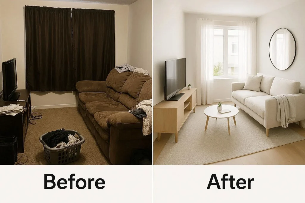 Common small TV room decorating mistakes compared to a well-styled compact entertainment space
