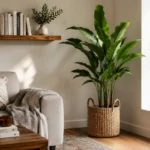 Corner decor ideas for living room with plant and floating shelf