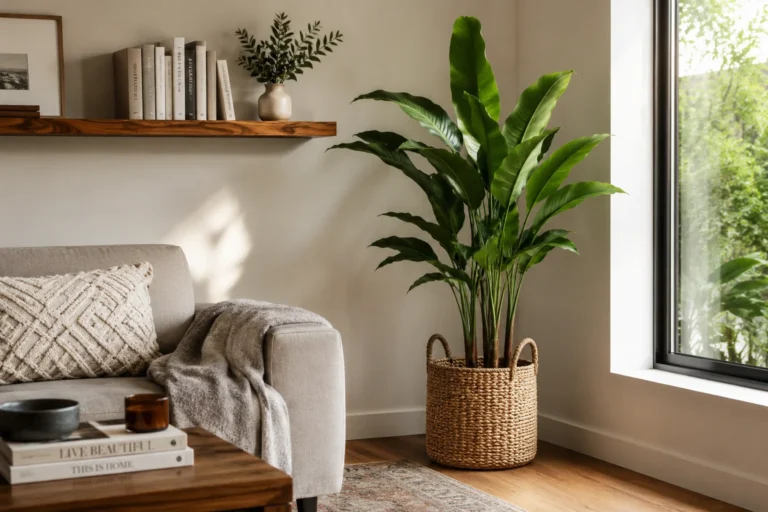 Corner decor ideas for living room with plant and floating shelf