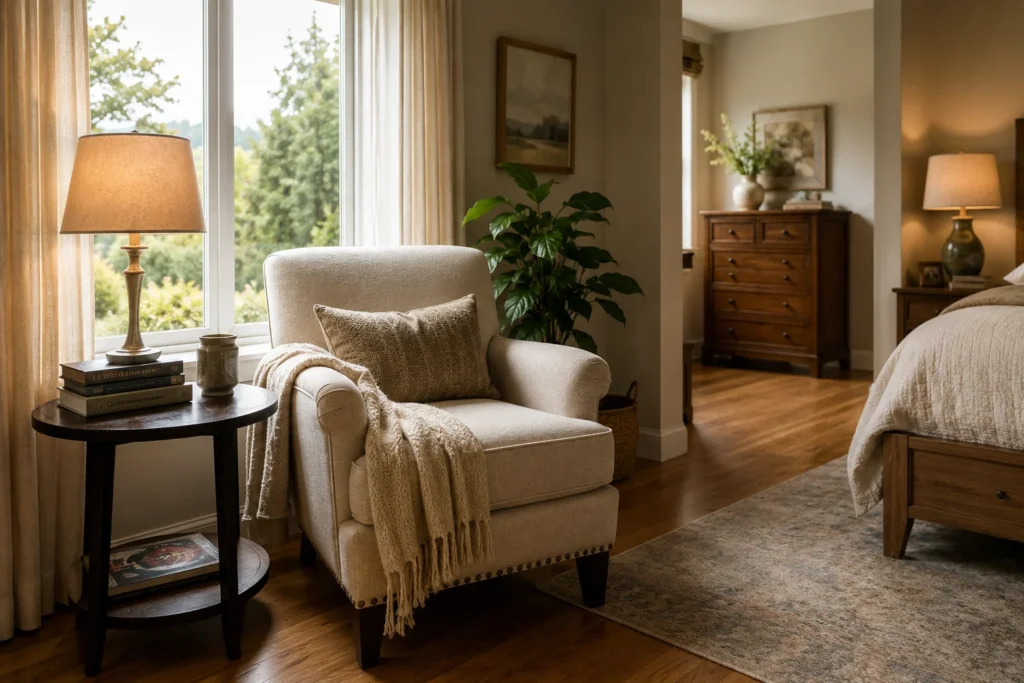 Cozy reading corner styled in a master bedroom with armchair and side table