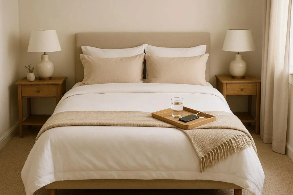 Cozy guest bedroom setup with neutral bedding, matching lamps, and a welcoming hotel-inspired layout