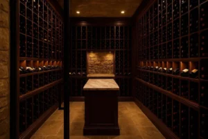 Custom wine cellar design with mahogany racks, marble tasting counter, and warm amber lighting