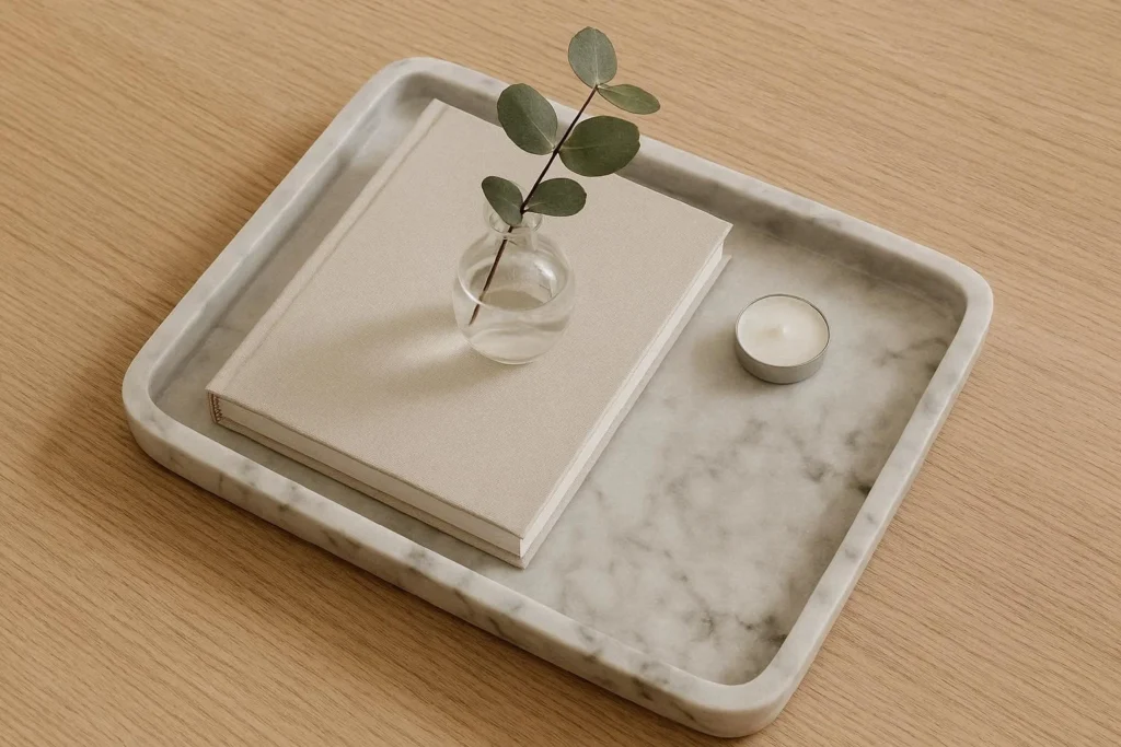 Marble tray with stacked books, bud vase and candle on a light oak coffee table