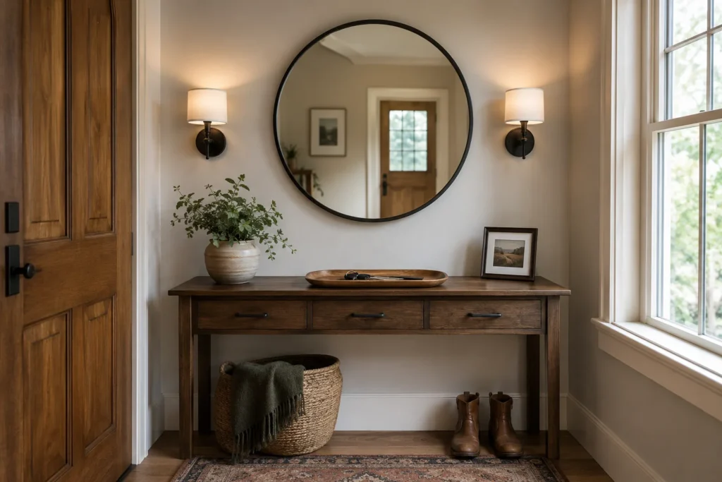 Round entryway mirror hung above a console table with sconces and a key tray