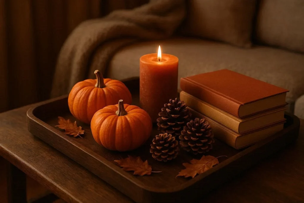Fall coffee table decor with mini pumpkins, pinecones and terracotta candle on a wooden tray