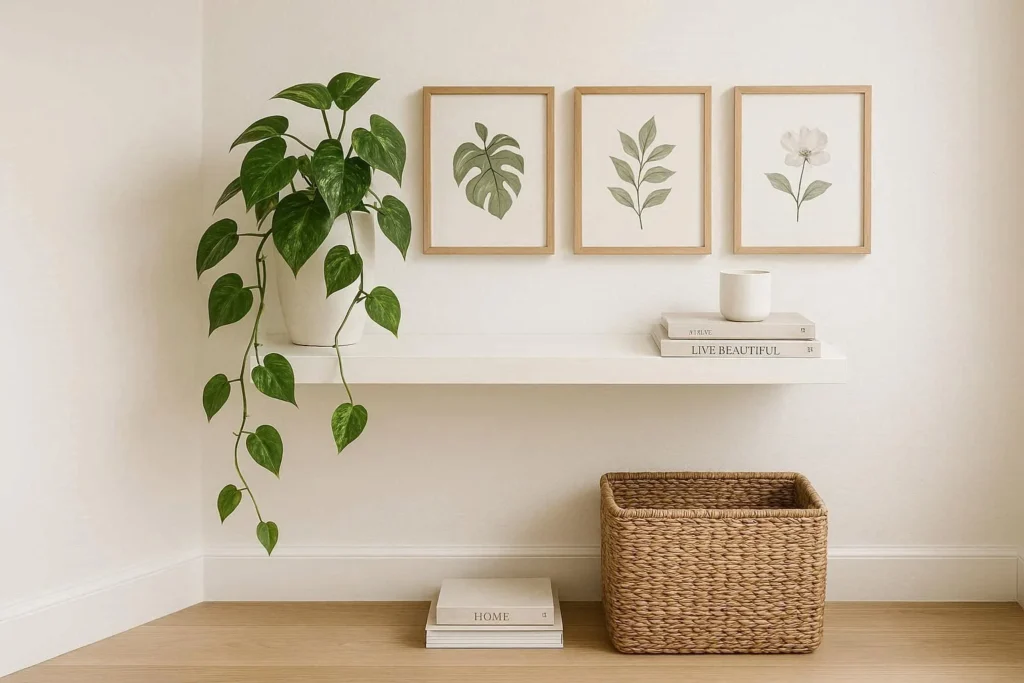 Flat decorating finishing touches with shelf styling, indoor plant, framed prints, and ceramic accessories