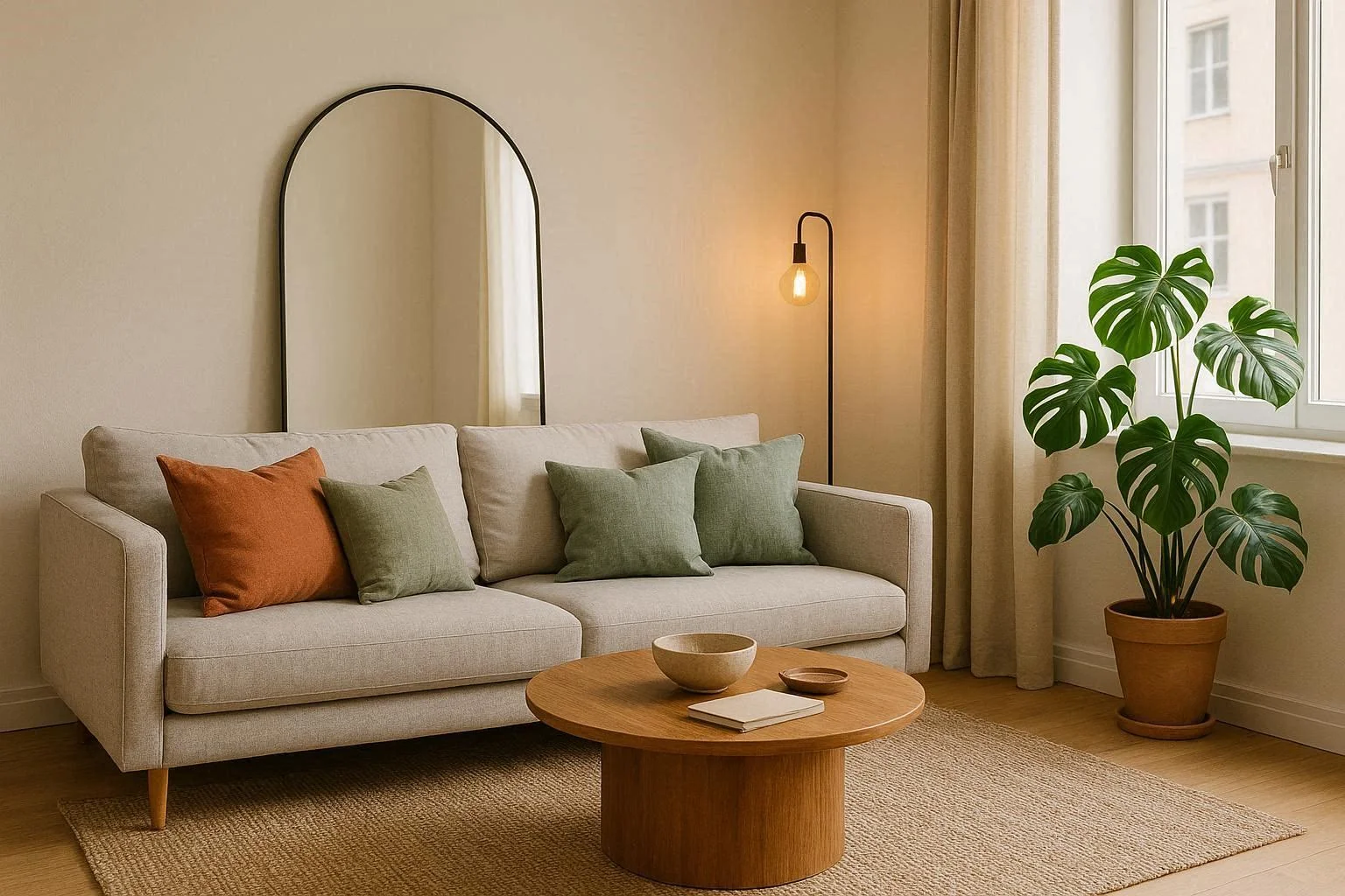 Stylish flat decoration ideas featuring a neutral living room with layered textures and natural light