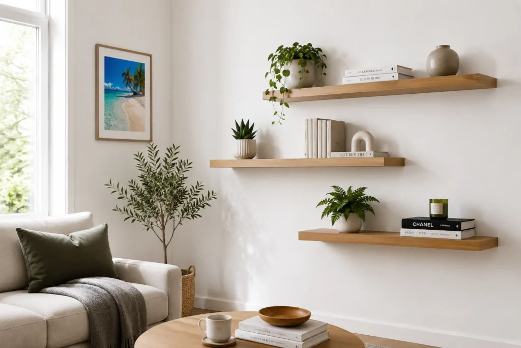 Floating corner shelves styled with plants and books