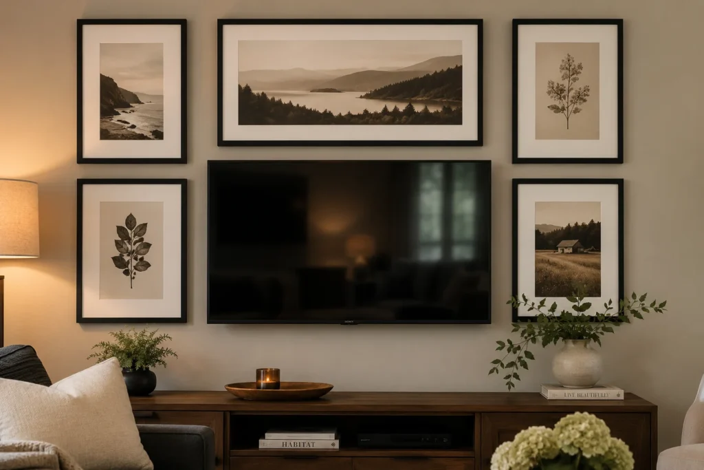 Gallery wall arrangement of framed art around a mounted TV